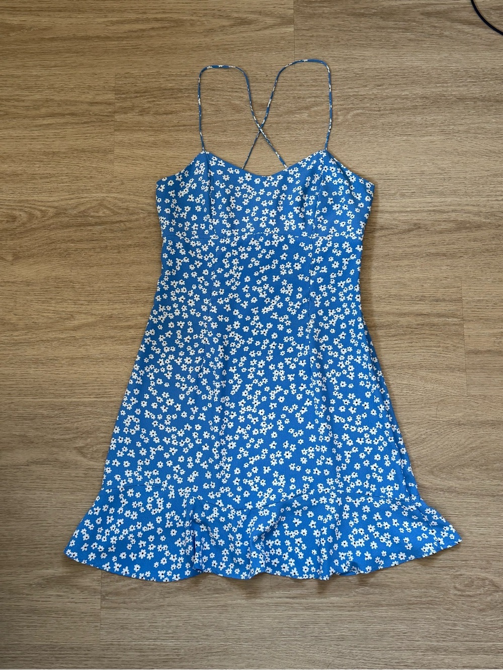 Zara Blue Floral Mini Slip Dress with White Daisies